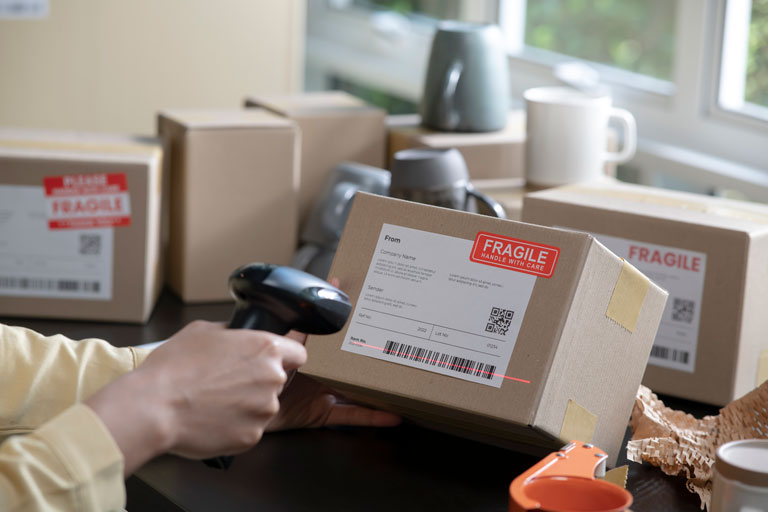Business owner scanning a barcode on a box